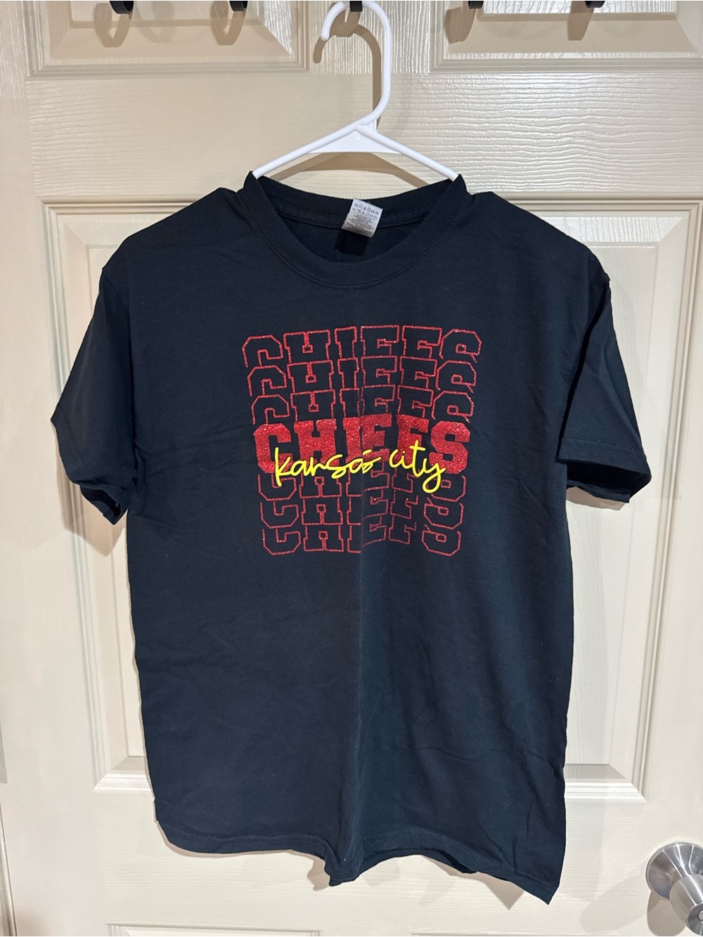 Gildan Black Tee with Red Chiefs Stack and Yellow Kansas City Script